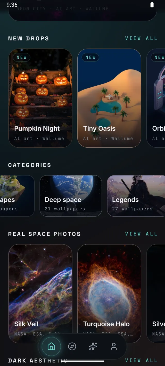 Wallume's Home screen: this week's New drops, a row of category covers, and a rail of real space photos