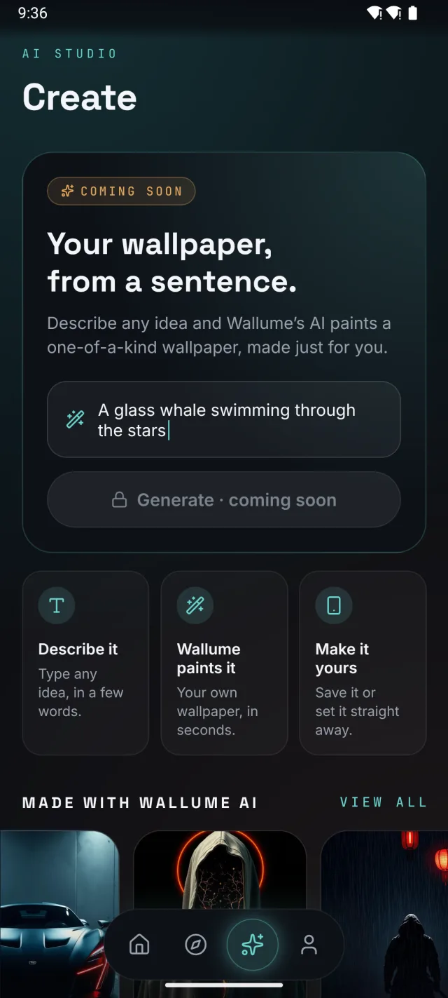 The Create tab in Wallume: a prompt field typing an idea, a locked Generate button, and wallpapers made with Wallume AI