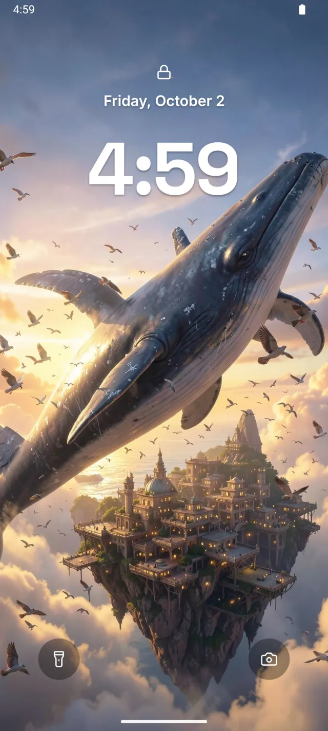 Wallume previewing a wallpaper of a whale above a floating city behind the lock screen clock
