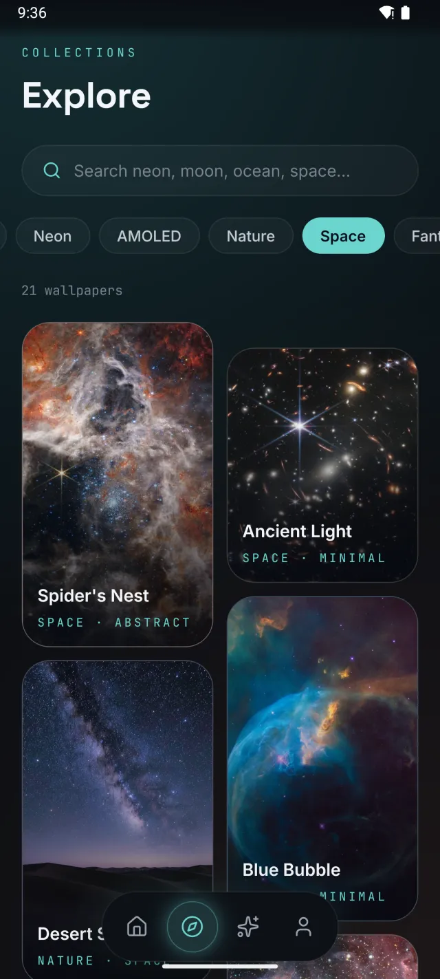 The Explore tab filtered to Space wallpapers